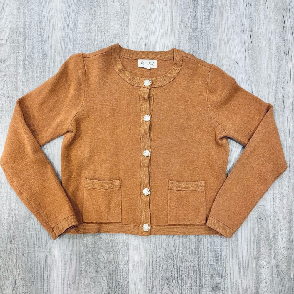 Marled Camel Brown Cardigan Cropped Sweater Size Small